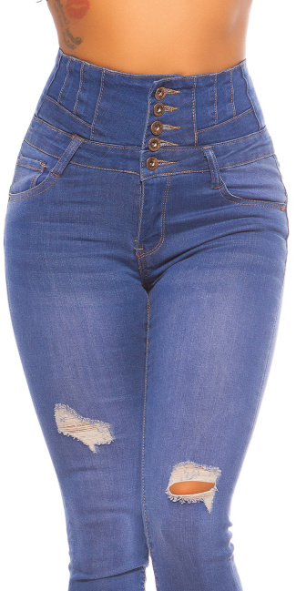 Sexy skinny hoge taille jeans gebruikte used look met scheuren jeansblauw